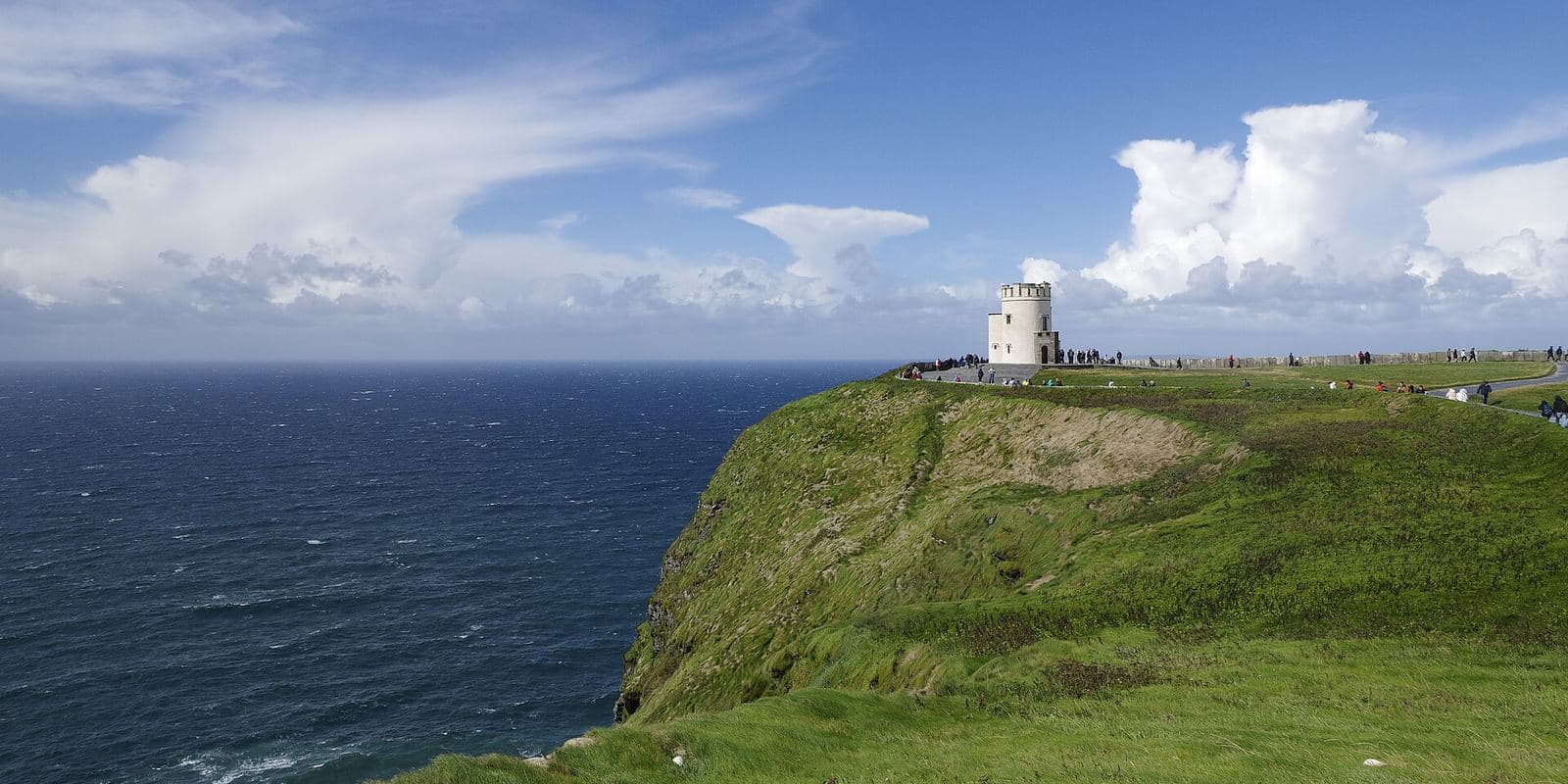 The green clifftops of the Cliffs of Moher above the Atlantic