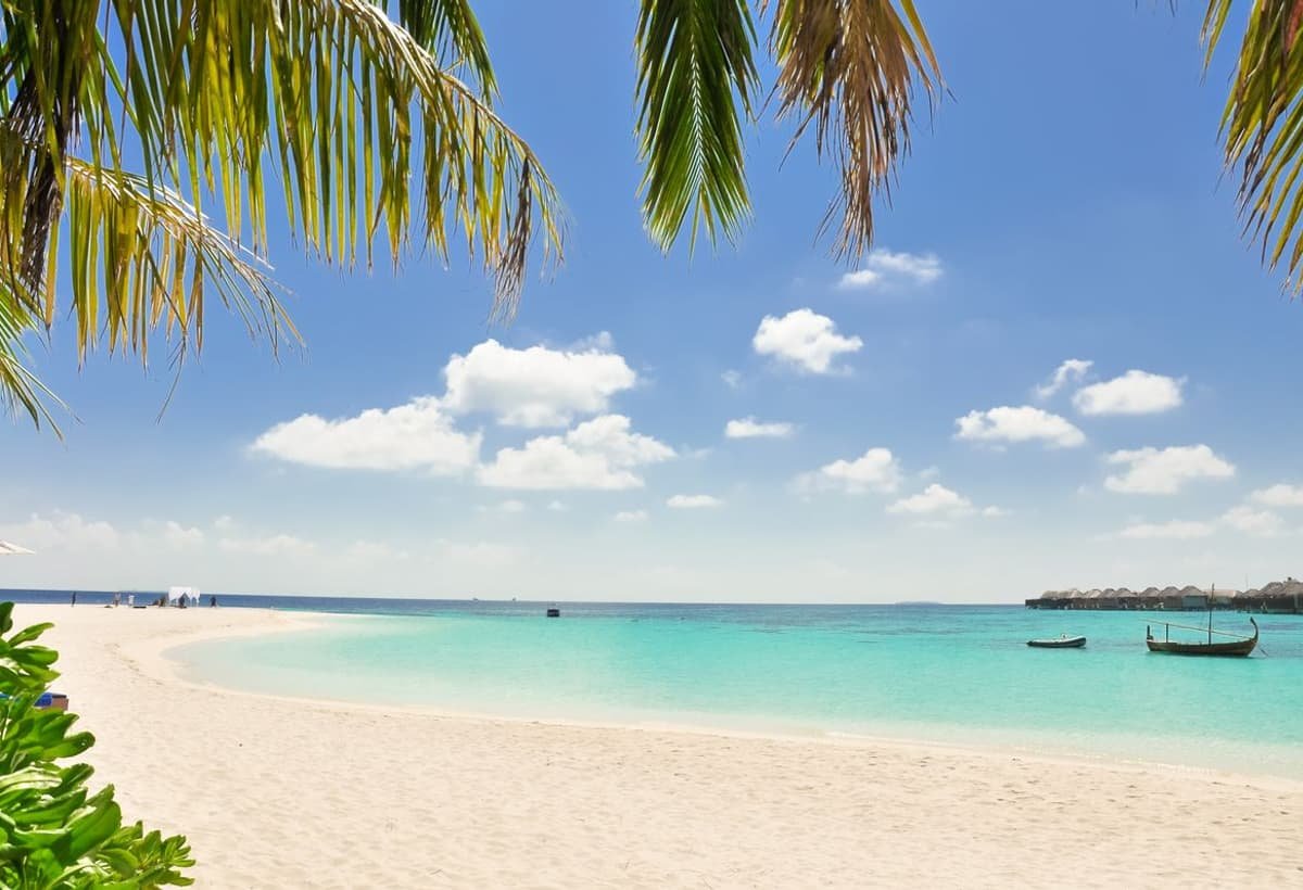 A calm tropical shore framed by overhanging palm fronds, with white sand, pale turquoise water, a small wooden boat, and a row of thatched overwater villas in the distance.
