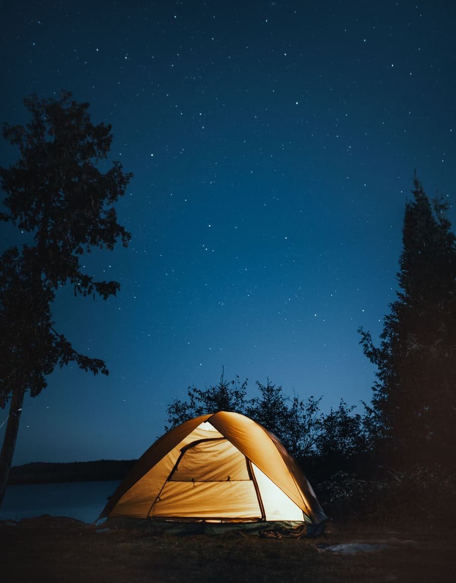 A dome tent glowing warm orange from a lamp inside, pitched on grass between dark pine trees under a deep blue sky full of stars.